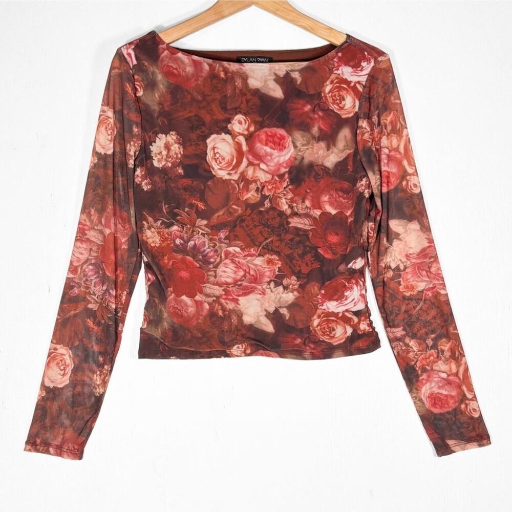 Dylan Ryan brown floral mesh long sleeve top - size S